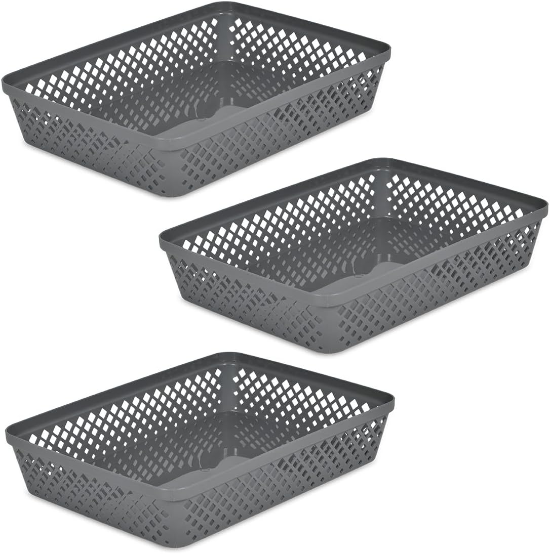 Glad Plastic Storage Basket Set - Multipurpose Drawer Trays, Kitchen Pantry Containers, and Bathroom Bins - 3 Pack Large Organizers, Grey