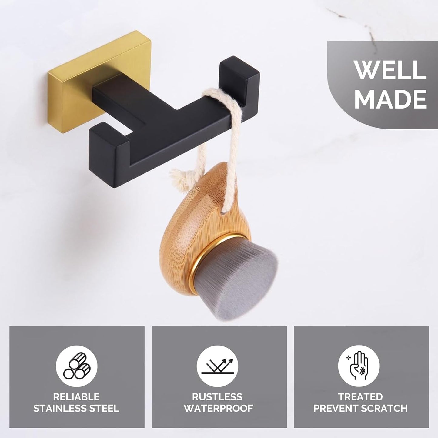 Angle Simple Double Towel Hook Black & Gold, Stainless Steel Bathroom Towel Holder, Coat Robe Hook Wall Mount