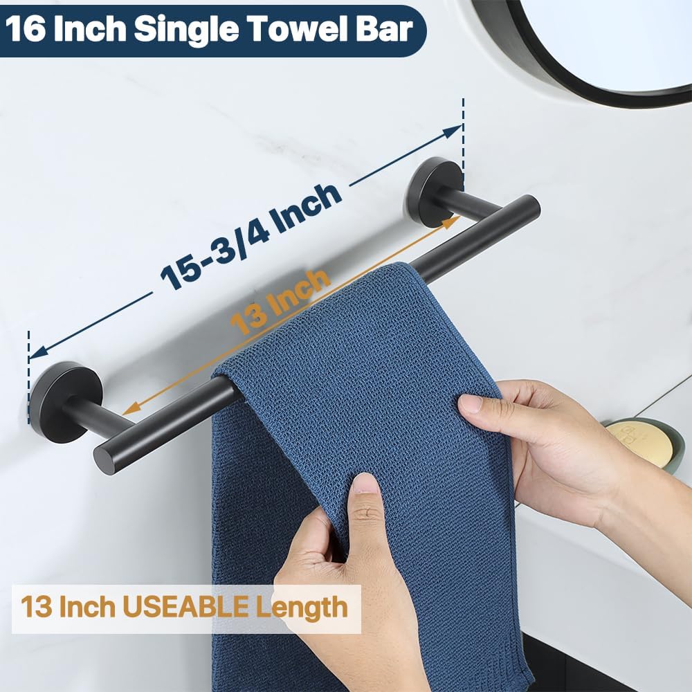 SAYAYO Black Towel Racks for Bathroom, 16 Inch Towel Bar Towel Rod Towel Holder Wall Mount SUS304 Stainless Steel (Hanging Length 13-Inch)