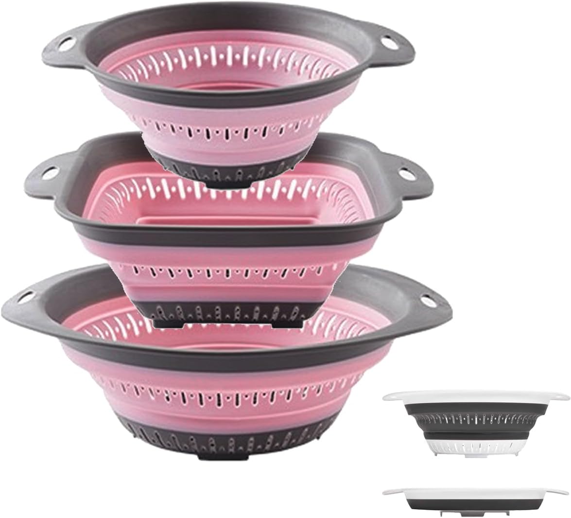 Collapsible Colander and Strainer,Silicone Strainer Colanders & Food Strainers,for Vegetable and Fruit, Kitchen Essentials (3, Pink, 1.3L+2.1L+2.5L)