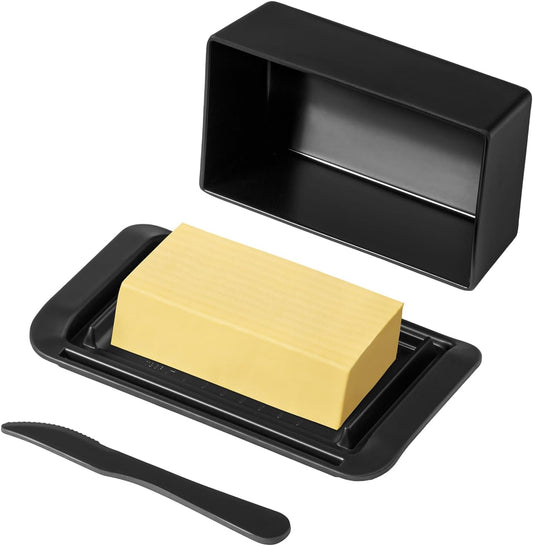 Butter Dish with Lid, Large Butter Dish with Lid for Countertop Built-in Knife Slot Butter Keeper for Kitchen or Fridge, Bamboo Fiber Butter Tray, Butter Holder for 2 Sticks(Black, Large)