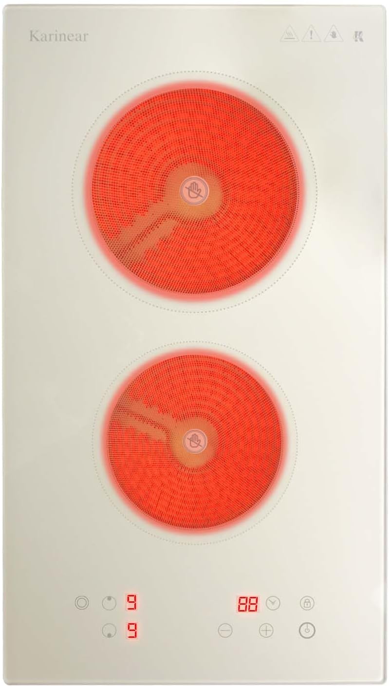 Karinear 2 Burners Electric Cooktop, Beige-gray Glass Electri Cermaic Stove, 12 Inch Built-in Electric Stove Top with Timer, Child Safety Lock, 9 Power Levels, 3200W, 220V-240V Hardwire(no plug)