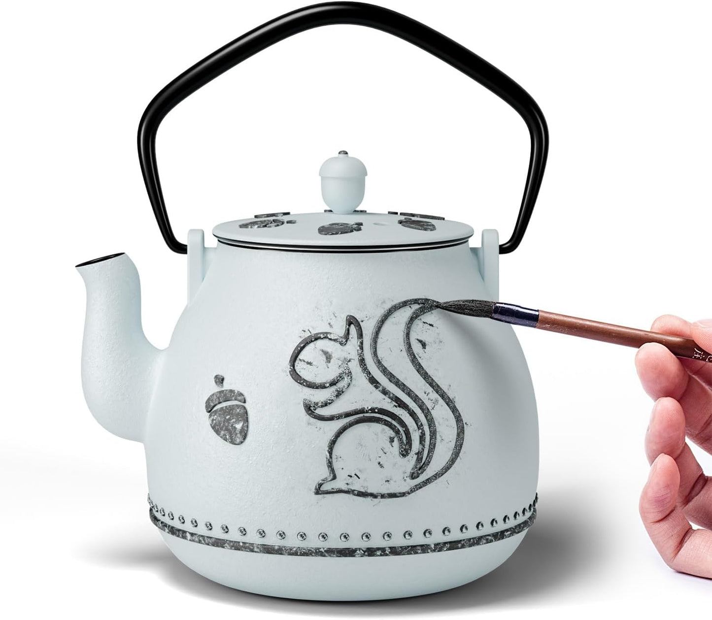 Toptier Teapot with Removable Infuser, Cast Iron Tea Kettle Stovetop Safe, Squirrel Design Tea Pot Coated with Enameled Interior for 32 Ounce (950 ml), Light Blue