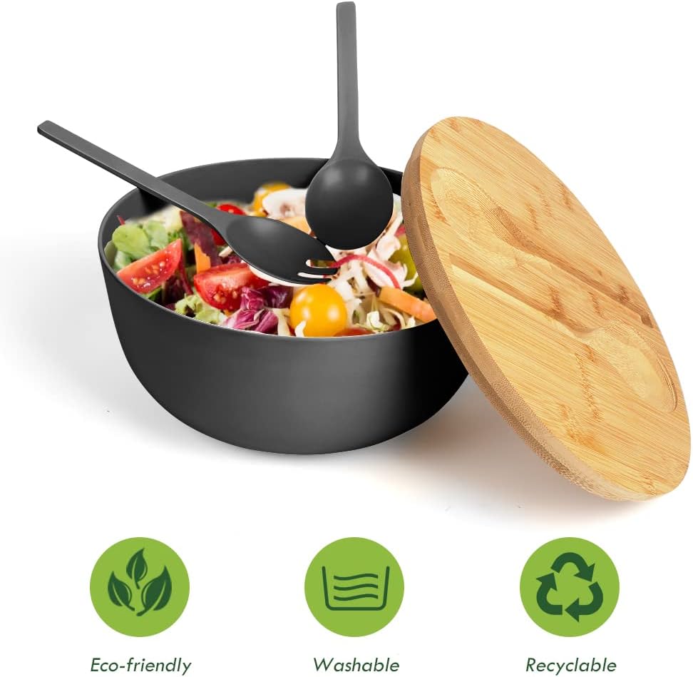 ShineMe Black Salad Bowl Set, 9.8inches Large Bamboo Fiber Salad Bowl With Lid and Utensils(Spoon & Fork), Solid Mixing Bowl For Serving Pasta, Fruits, Vegetables, Bread and Chips