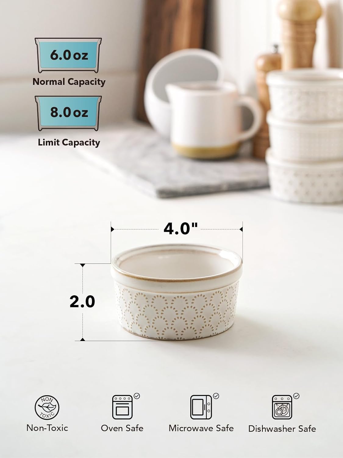 LE TAUCI Ramekins 6 oz, Ramiken for Creme Brulee, Lava Cake,Pudding, Souffle, Small Sauce Bowl,Ceramic Baking Dishes- 4 inch, Set of 4, Arctic White