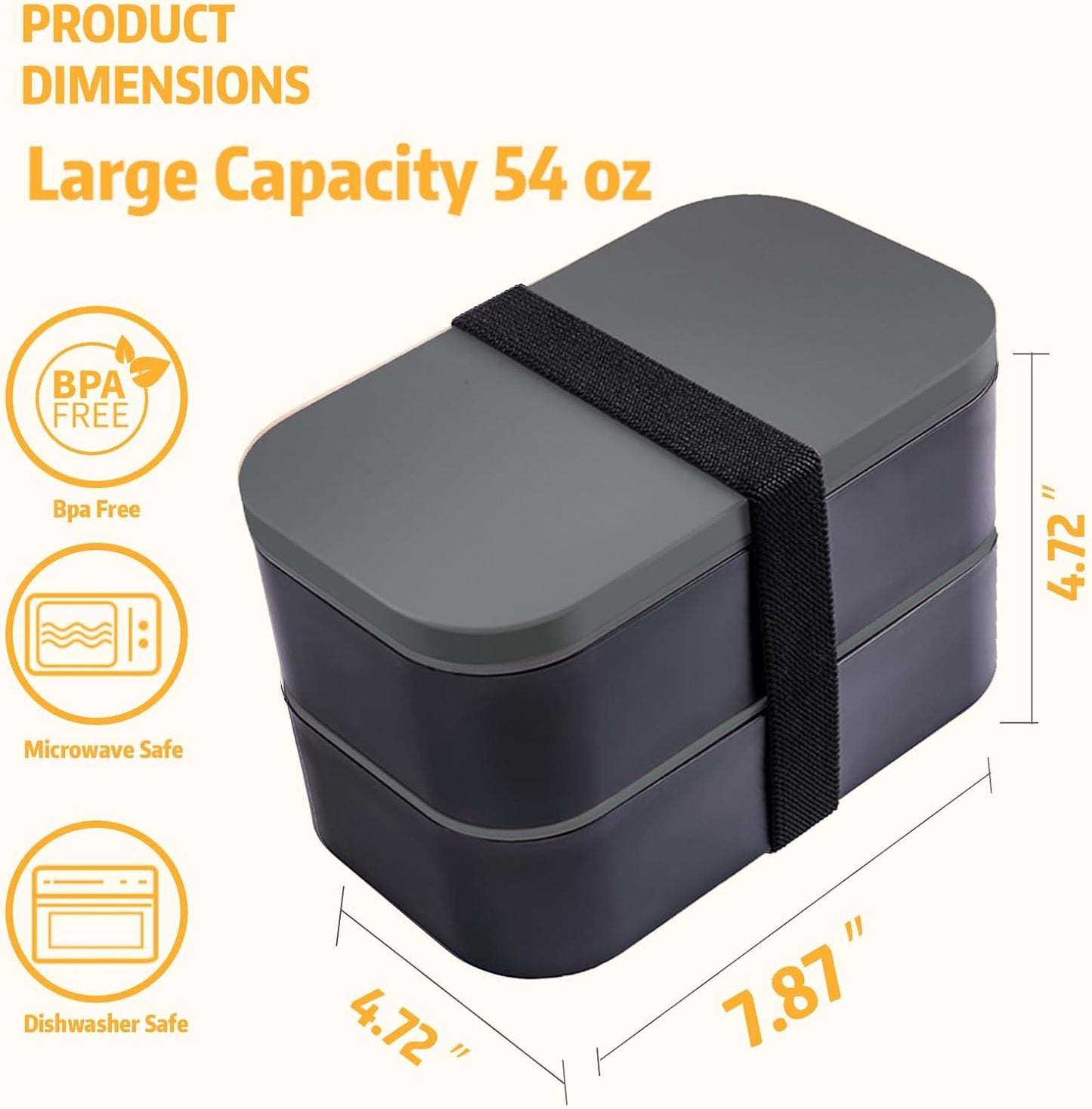 Stackable Bento Box with Utensils Microwave Safe, All-in-One Meal Prep Compartment Lunch Containers Leak Resistant Lunch Box with Sauce Container 60oz Gray(without bag)