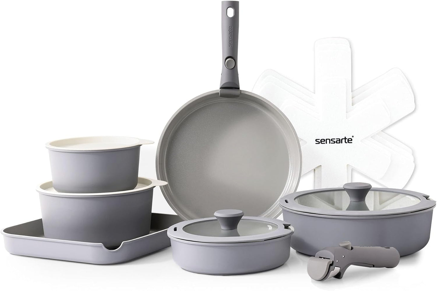SENSARTE 17 Piece Ceramic Pots and Pans Set, Nonstick Detachable Handle Cookware, Induction Kitchen Cookware Set with Removable Handle, Dishwasher ＆ Oven Safe (Gray)
