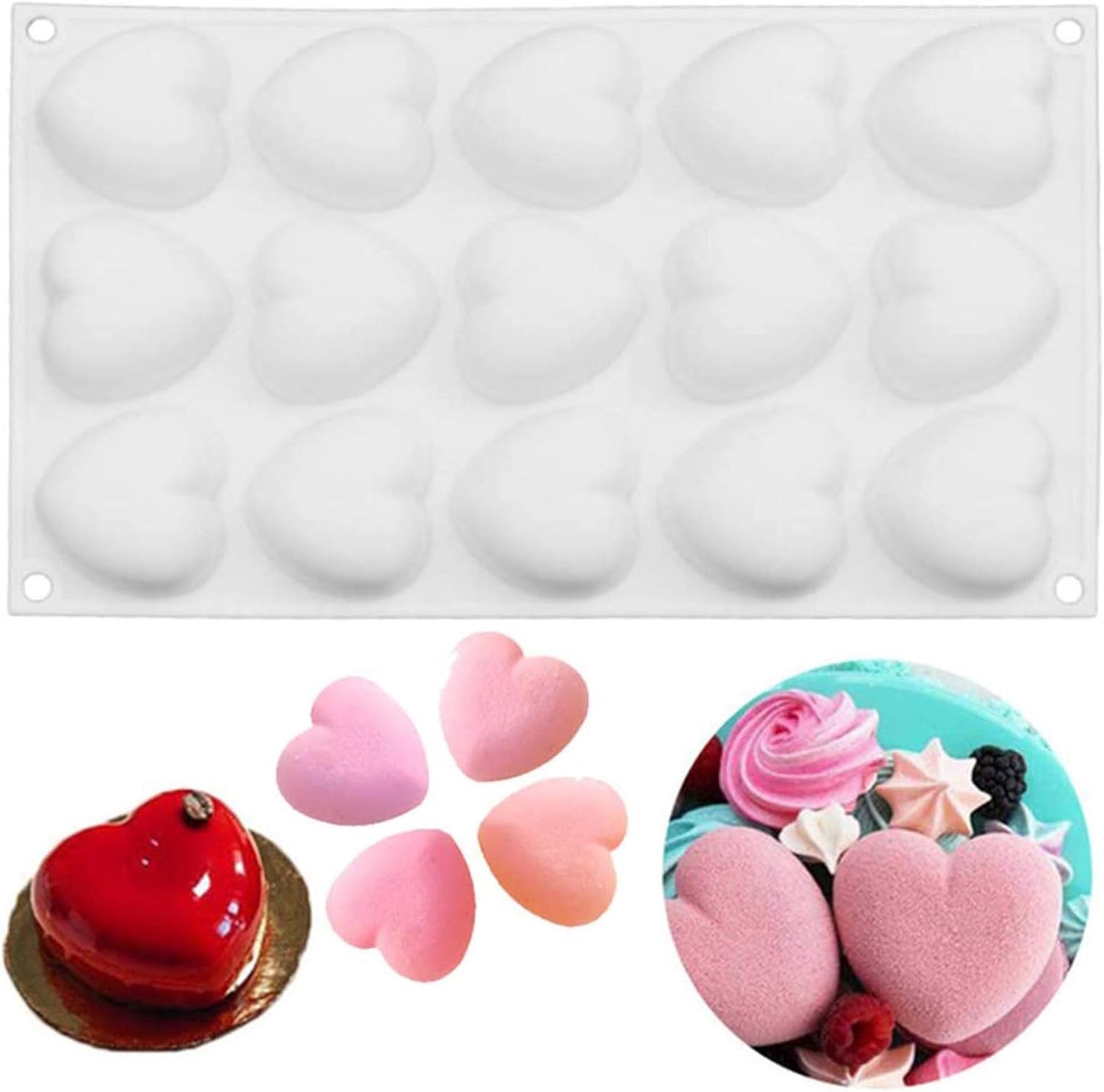 OCPO KITCHEN Mini Heart Silicone Molds for Baking Mousse Cake, Candy, Chocolate, Pastry, Truffle, Cupcake, Jelly, Cookie, Pudding, Cake Decoration Mold, 3D Heart Shape (15-Cavity)