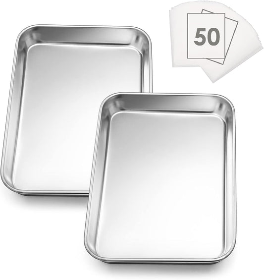 Small Baking Sheet Set of 2, E-far 9.4”x7.3” Toaster Oven Stainless Steel Cookies Sheet Pan with 50 Parchment Paper, Rectangle Mini Baking Tray for Cooking, Rust Free & Heavy Duty, Dishwasher Safe