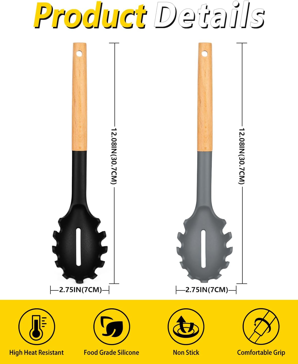 Pack of 2 Spaghetti Spoon, Silicone Pasta Fork with Wooden Handle, Heat Resistant Noodle Spoon Server, BPA Free Spaghetti Strainer(BLACK-GRAY)