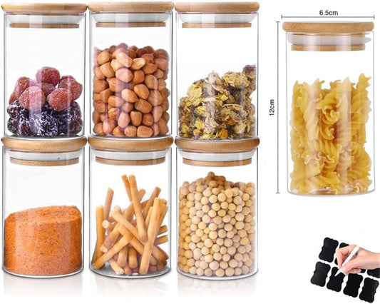 Glass Jars with Bamboo Wooden Airtight Lids 6oz 10oz Spice Jars Food Storage Containers for Home Kitchen, Tea, Salt, Pepper, Spices, Coffee, Herbs, Grains (10 OZ, 6 PCS)