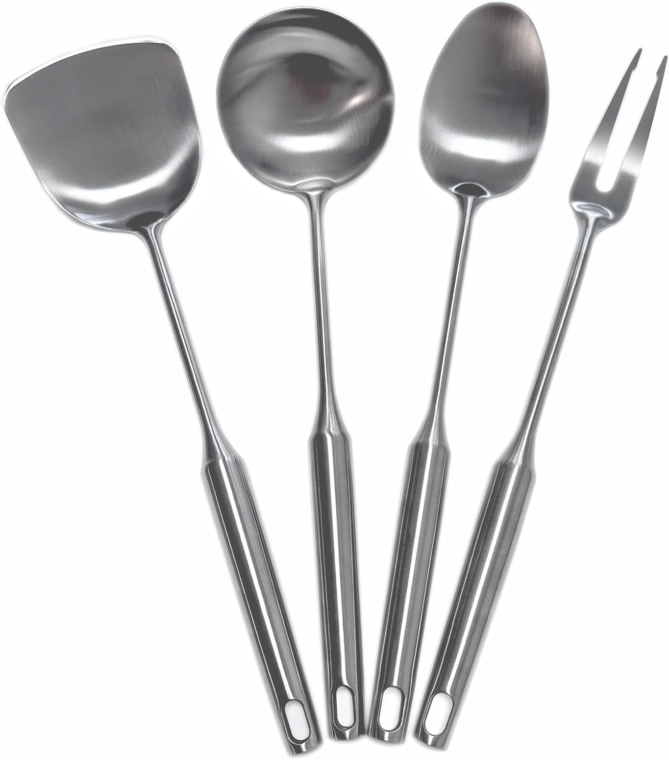 304 Stainless Steel Cooking Utensils Set 4 Piece 15 Inch Large Size Metal Kitchen Utensils Set Including Spatula,Ladle,Serving Spoon,Meat Fork,Stainless Steel Cooking Tools
