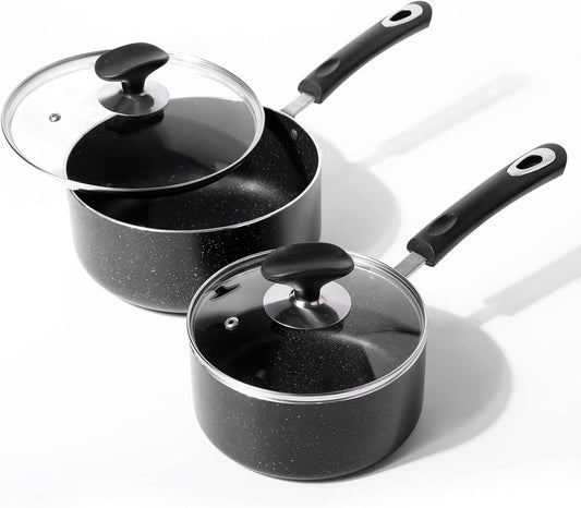 Nonstick Saucepan Set - 1.5 Quart and 2.5Quart,Ultra Non Stick Sauce Pan Small Pot with Glass Lid,Great for Home Kitchen Restaurant,Black