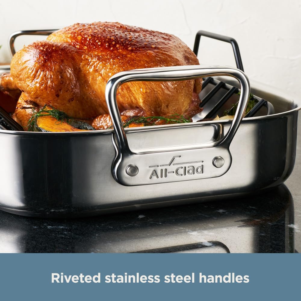 All-Clad Specialty Stainless Steel Roaster and Nonstick Rack 16x13x5 Inch Oven Broiler Safe 600F Roaster Pan, Pots and Pans, Bakeware, Turkey, Silver