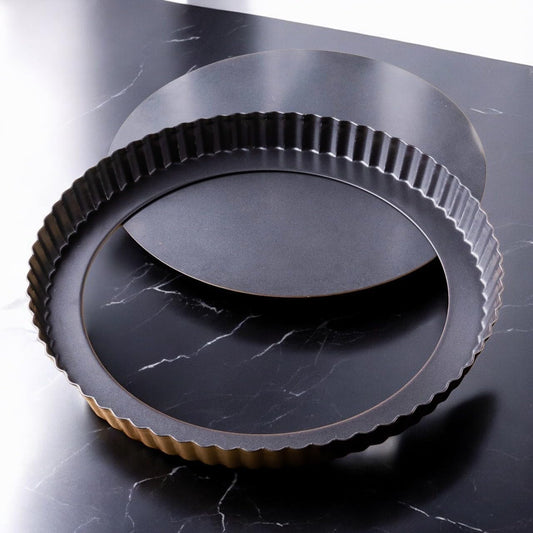 Tart Pan 11 Inch Removable Bottom- Carbon Steel Deep Quiche Pan, Rust, & Temperature Resistant 550-600 °F– Non-Stick, Perfect for Baking Fruit Tarts, Quiches & Dessert
