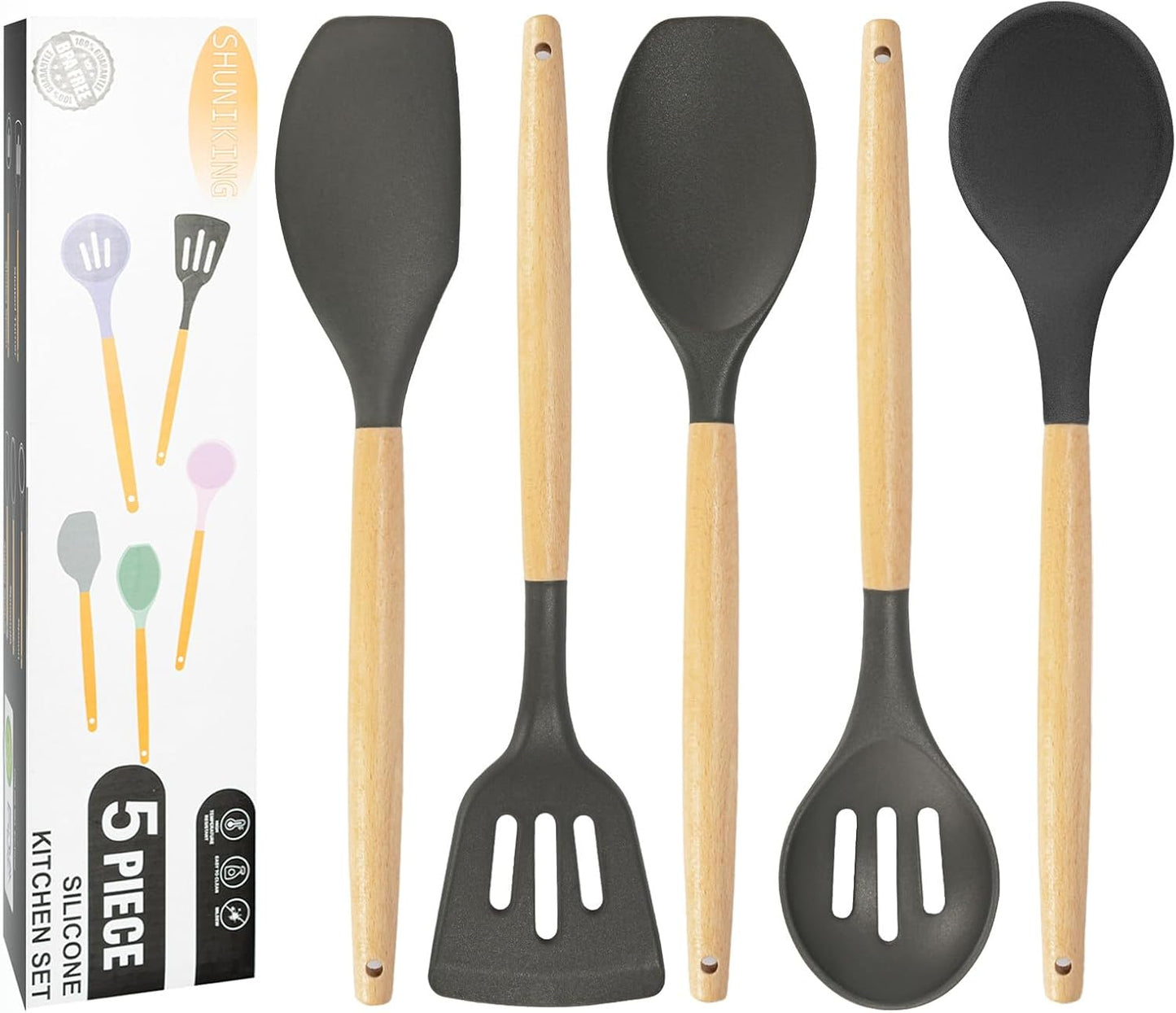 Non-Stick Silicone Cooking Utensils Set, 5 Pcs with Wooden Handle, Heat Resistant Silicone Kitchen Gadgets (Gray)