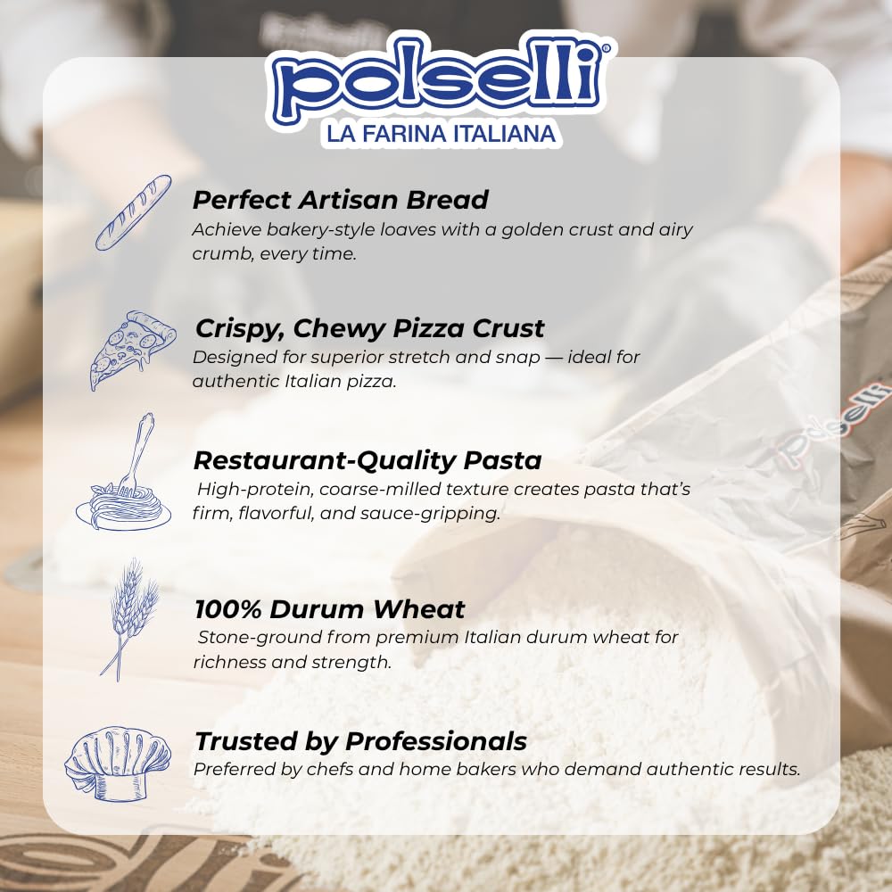 POLSELLI Italian Semola Flour, 11 lbs (5 kg), Fine Ground Semolina Rimachinata for Fresh Pasta, Bread, Grano Duro, Product of Italy, Durum Wheat, Unbleached, Natural, No additives, Index W240 (+0-5%)