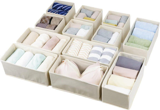 Set of 12 Drawer Organizer, Fabric Closet Organizer and Storage Baskets,Foldable Drawer Divider for Clothing,Sock,Ties,Underwear Drawer Organizers,Set of Cabinet Storage Boxes (Beige)