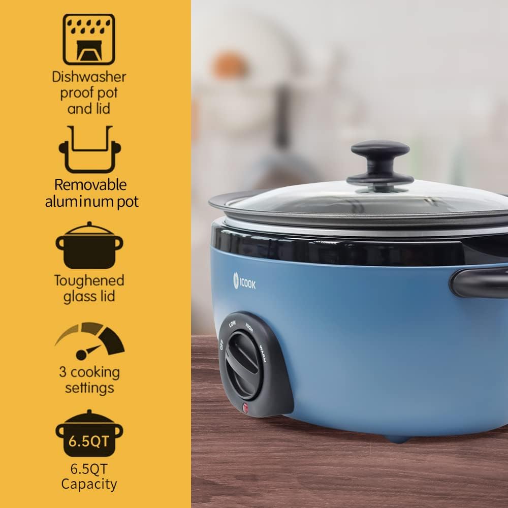 ICOOK USC-65-OP001BL 6.5 Quart Slow Cooker,Aluminium Sear/Sauté Stew Pot Stovetop safe,Dishwasher Safe,Glass Lid,Adjustable Temp,Food Warmer(Blue)