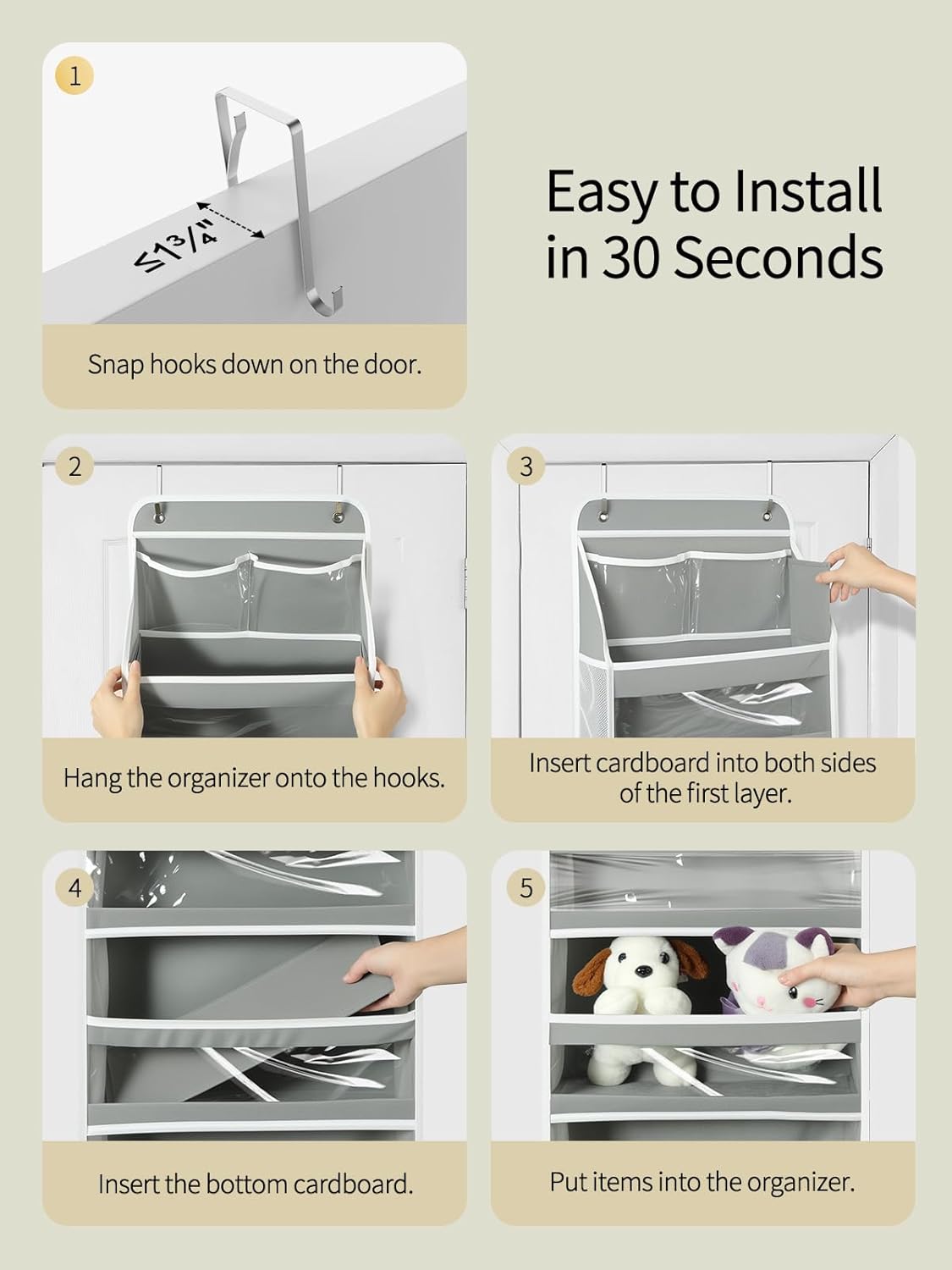 Yecaye 5 Tier 1Pc Over the Door Organizer, Swing-proof Door Organizer Hanging with Clear PVC Windows, Behind the Door Storage for Bedroom Nursery Closet Laundry Pantry Bathroom, Grey