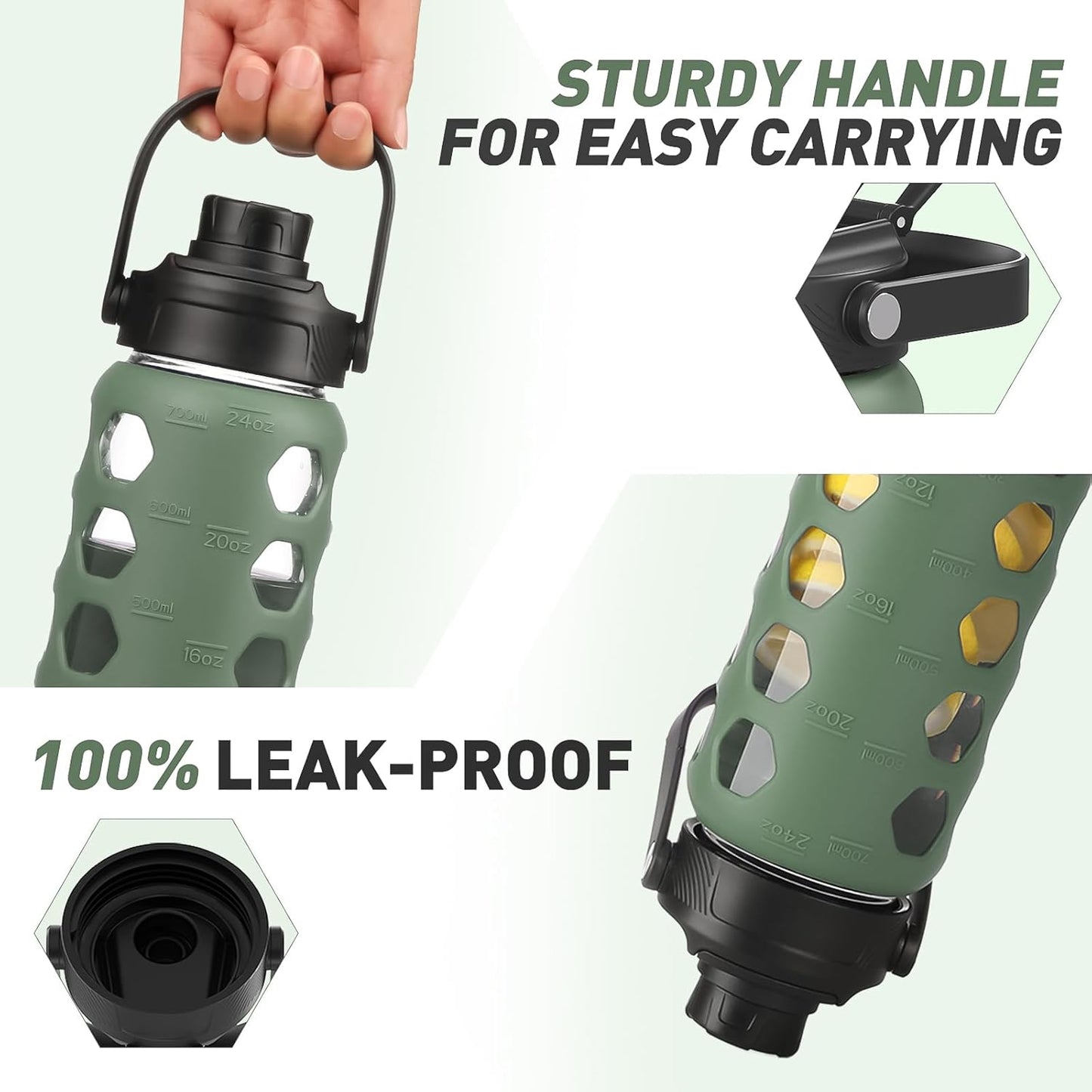 MUKOKO Glass Water Bottles, 24oz Glass Tumbler with Straw, Drinking Bottles with 2 Lids-Handle Spout Lid&Bamboo Straw Lid, Motivational Water Bottle with Time Marker and Silicone Sleeve, 1 Pack-Olive