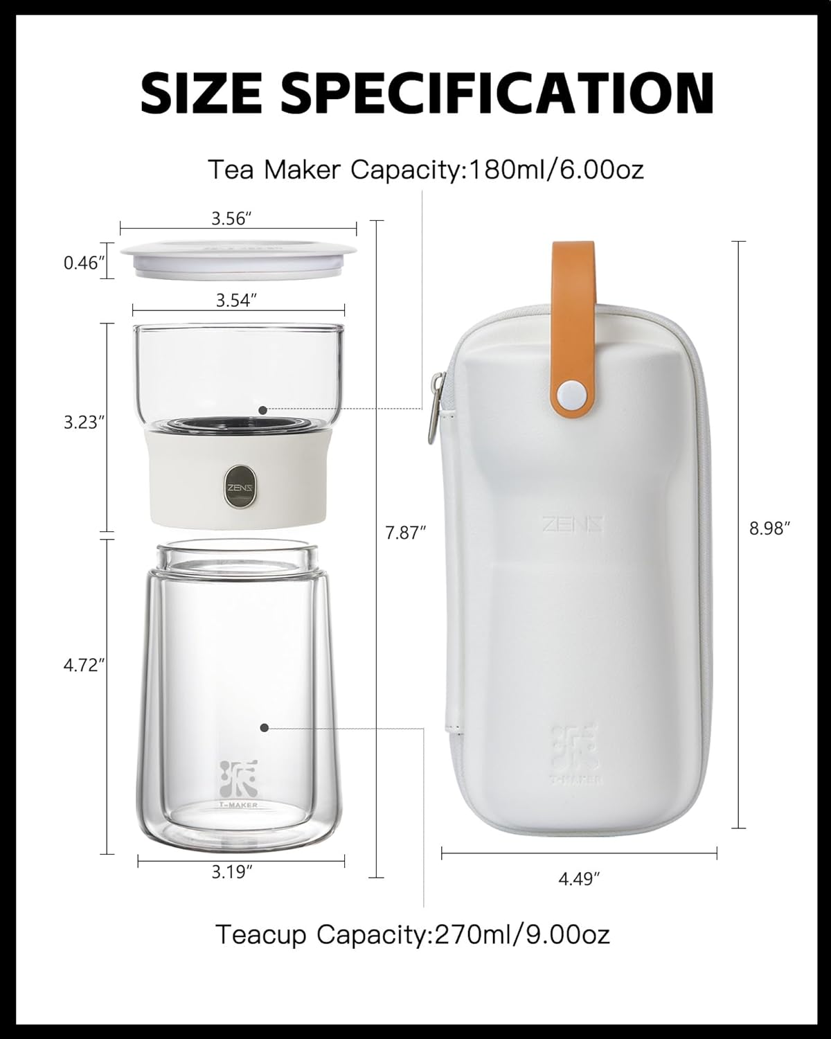 ZENS Modern Tea Pot, Glass Teapot with Infusers for Loose Tea Diffusers with One Touch Pouring, Cool Portable Tea Maker with Insulated Tea Mug and Travel Tea Kits for Tea Lover Gifts