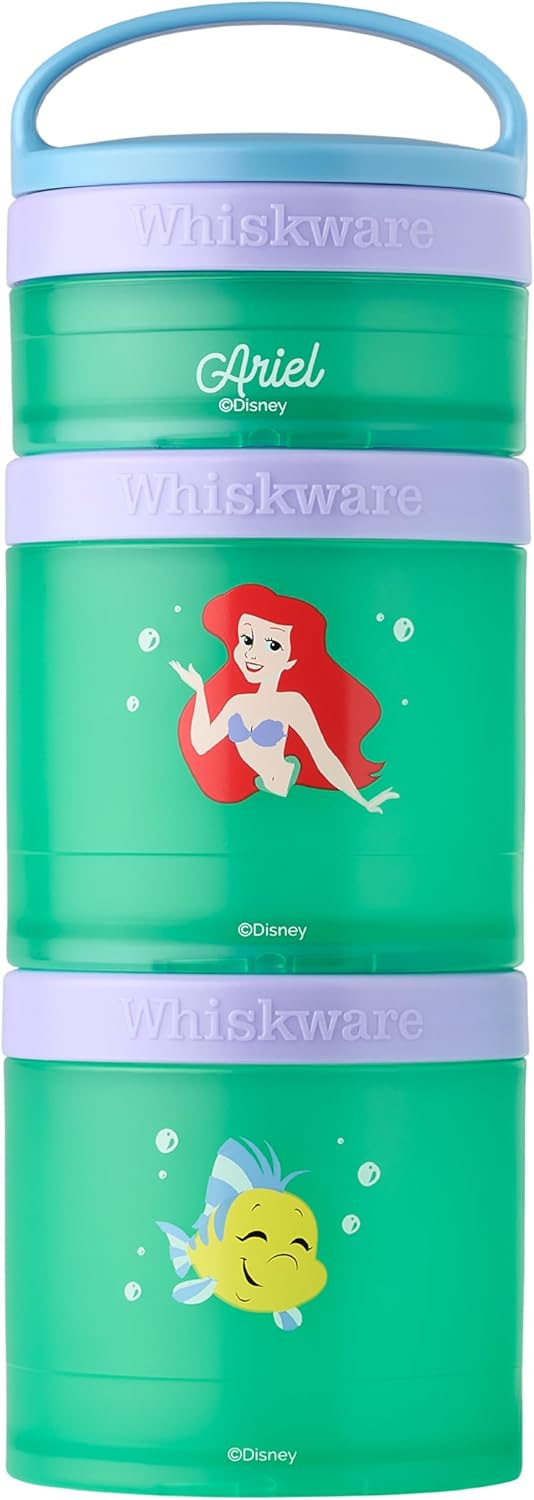 Whiskware Disney Princess Stackable Snack Containers for Kids, 3 Stackable Snack Cups for School and Travel, Ariel and Flounder