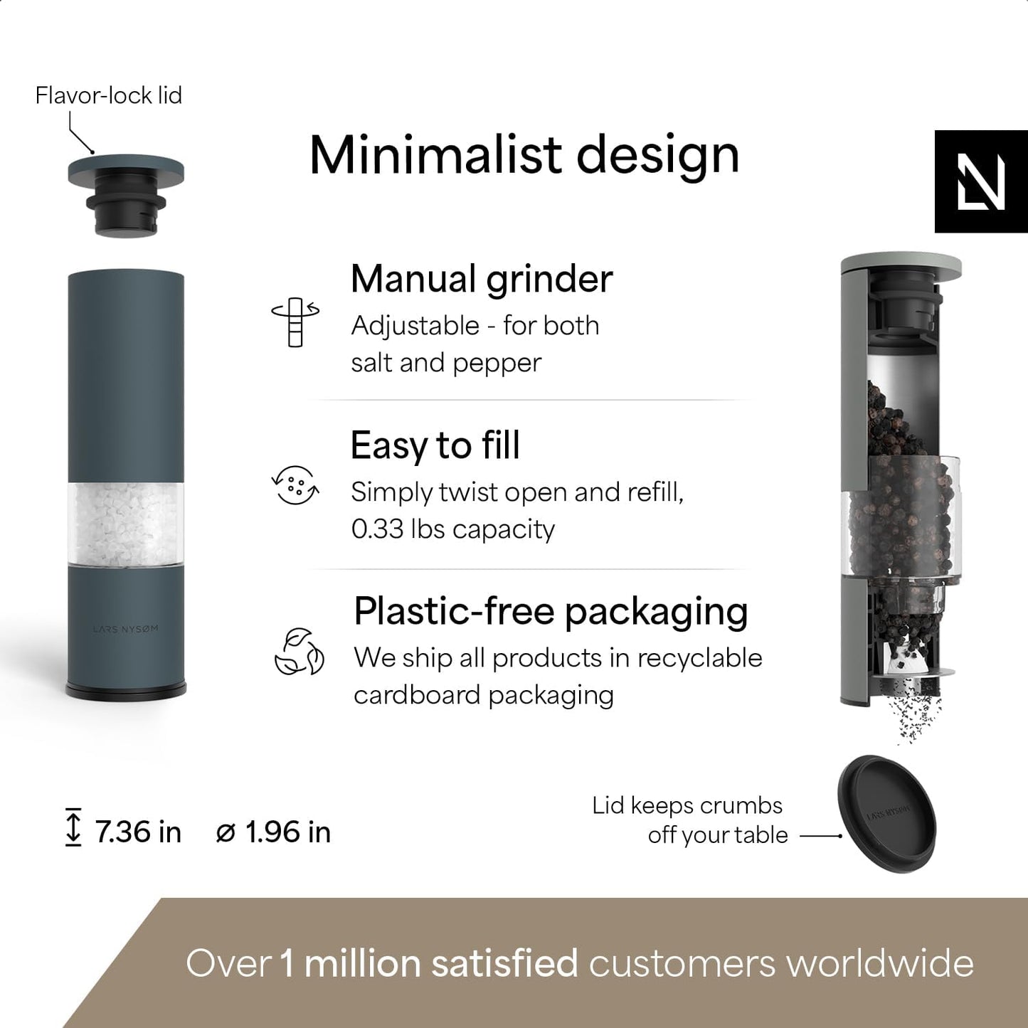 LARS NYSØM Salt and Pepper Grinder Set Manual, Stainless Steel Salt and Pepper Mills with Adjustable Ceramic Grinder I Design Spice Shakers (Blue/Gray)