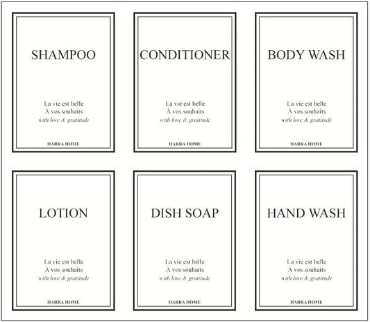 Beauty Bathroom Preprinted Labels, Water Resistant Organization labels, Sticker for Vanity Countertop, Kitchen, Pantry, Toiletry, 24 Dispenser Shampoo labels stickers waterproof (Pack of 2)