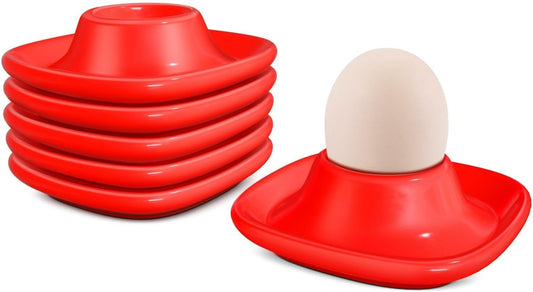Flexzion Egg Cups for Soft Boiled Eggs - Set of 6 Ceramic Egg Holder - Stackable Egg Coddler Cups with Base for Serving, Breakfast, Brunch - Kitchen Table Decor, Red