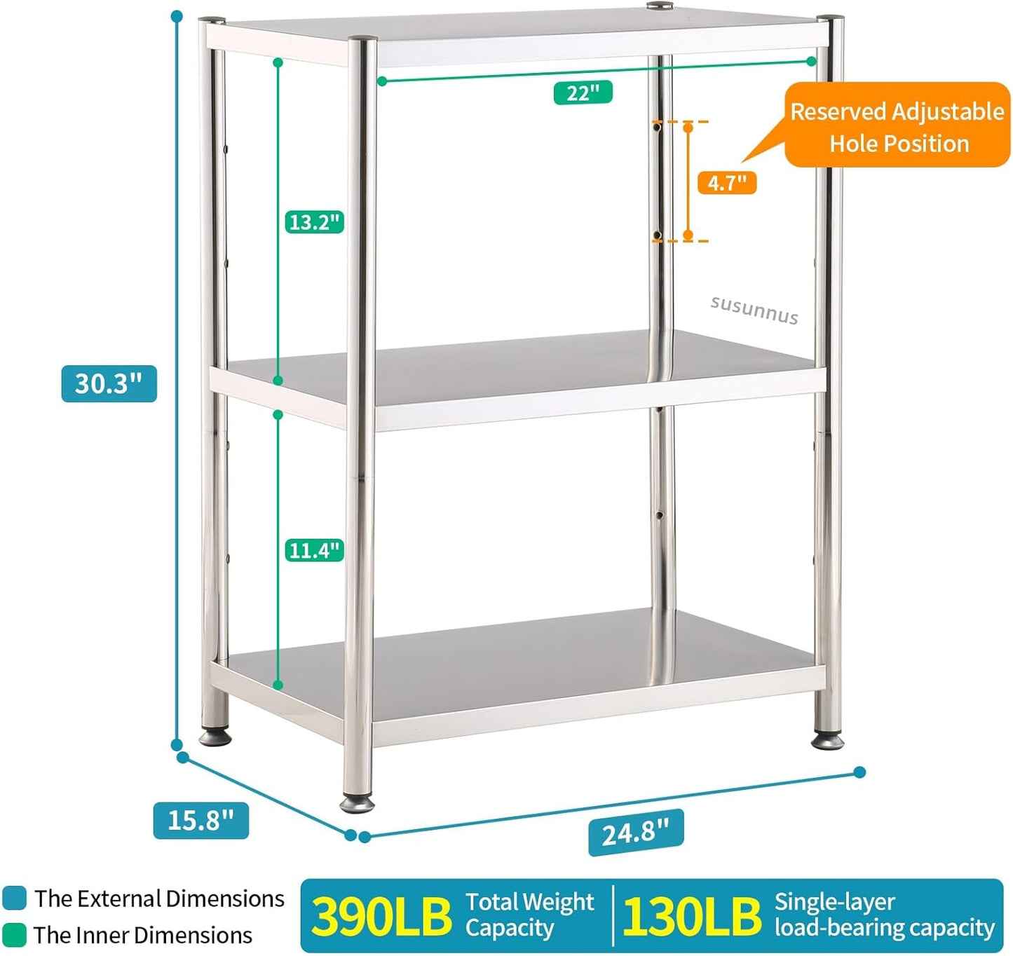 susunnus 3-Tier Stainless Steel Shelf, Heavy Duty Shelving for Kitchen, Garage, Industrial Storage, Kitchen Shelves Adjustable Feet, Easy to Clean(3T-24.8in*15.8in(Without guardrails))