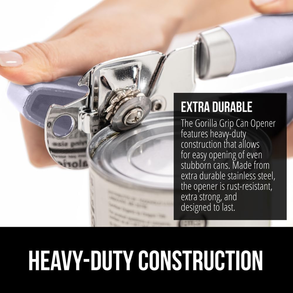 GORILLA GRIP Heavy Duty Stainless Steel Smooth Edge Manual Can Opener and Bottle Openers, Soft Comfortable Handle, Oversized Handheld Turn Knob, US Designed Multifunctional Kitchen Tool, Lavender