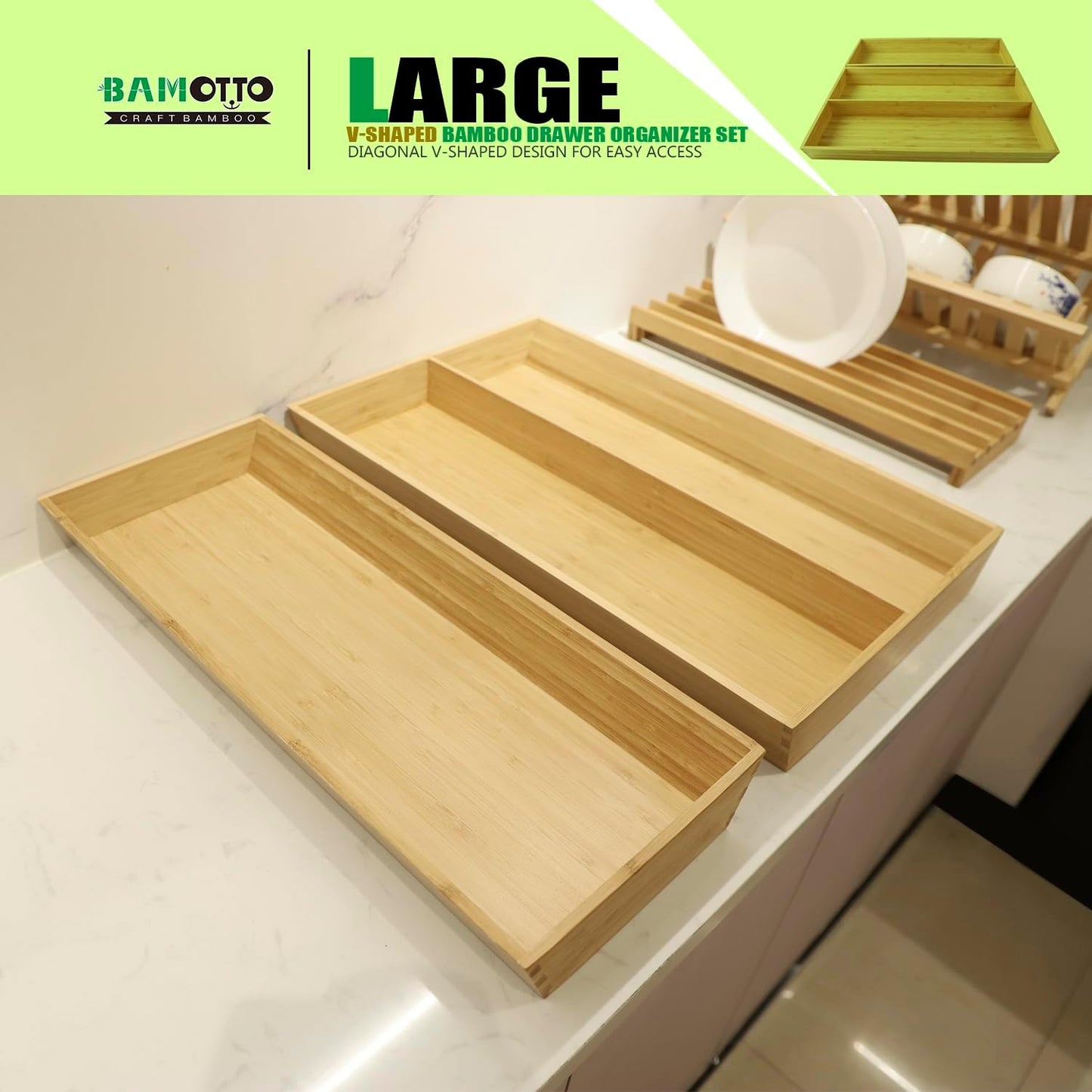 2-Piece V-Shaped Bamboo Drawer Organizer - Ideal for Kitchen's Large Long Tableware, Cooking Utensils, Flatware, Silverware - Wood Storage Box for Home, Bedroom, Bathroom (19.6"x12.4" & 19.6"x7.8")