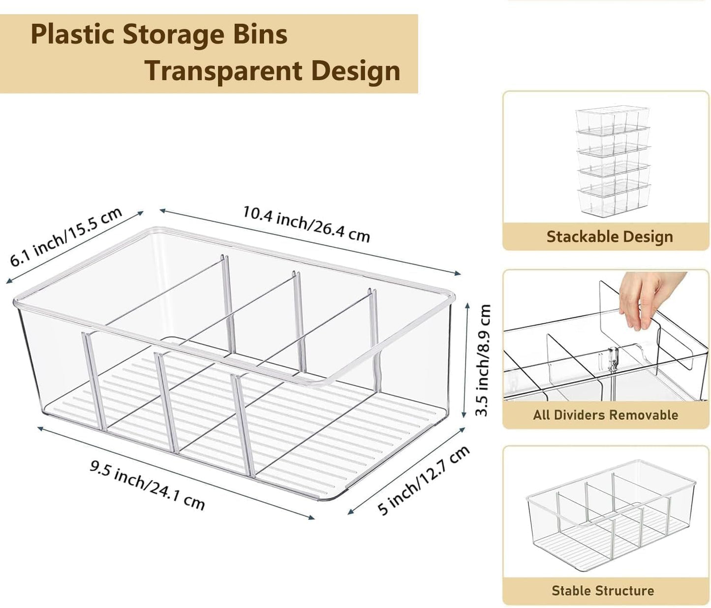 2 Pcs Clear Pantry Organizers and Storage,Plastic Storage Bins for Fridge with Removable Dividers, Kitchen Cabinet Organizers Ideal for Kitchen, Pantry, Refrigerator, Freezer, and Snack Storage