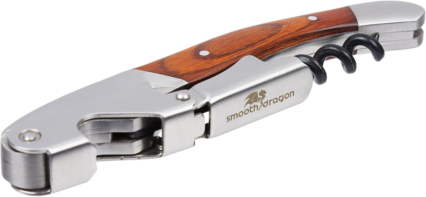 Premium Waiters Corkscrew - 3 in 1 Stainless Steel Wine Opener with Rosewood Pull Tap Handle Bottle Opener and Serrated Foil Cutter