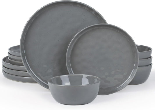 Famiware Mars Plates and Bowls Set, 12 Pieces Dinnerware Sets, Dishes Set for 4, Dark Gray