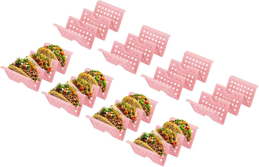 uxcell 8 Pcs Taco Holder Stand, Plastic Taco Plates Hold Up to 3 Tacos, Hollow Carved Taco Shell Holder, Dishwasher Microwave Safe, Pink