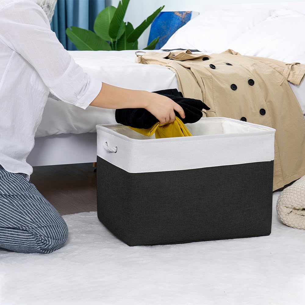 TheWarmHome Organization and Storage for Shelves - Extra Jumbo 3 Pack 20.5x15.7x13.8 inch Fabric Storage Basket for Organizing, Storage Bins for Shoes Towel Blanket (White & Black)