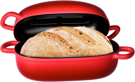 Dutch Oven for Bread Baking - 2.5QT Bread Pans for Homemade Bread Cast Iron Bread Pan Dutch Oven Loaf Pan with Lid and Loop Handles for Homemade Breadmaking, Red
