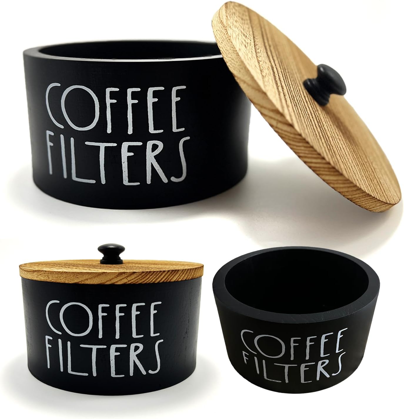 Wooden Coffee Filter Holder With Lid-Rustic Storage Container and Dispenser Basket for Coffee Bar Decor, Farmhouse Accessories(Black)