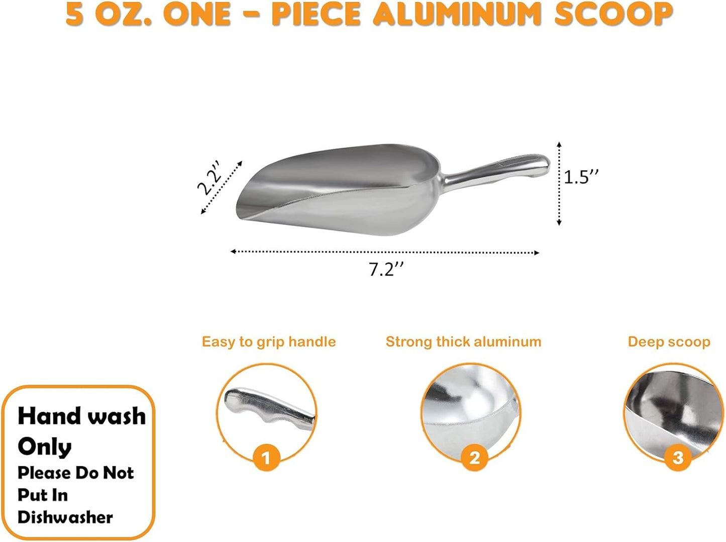 Cast Aluminum Utility Scoop, 5-Ounce - Round Bottom, Small ice scoop For Multi-Purpose Use, With Finger Groove Handle (Hand Wash Only) 5 oz.