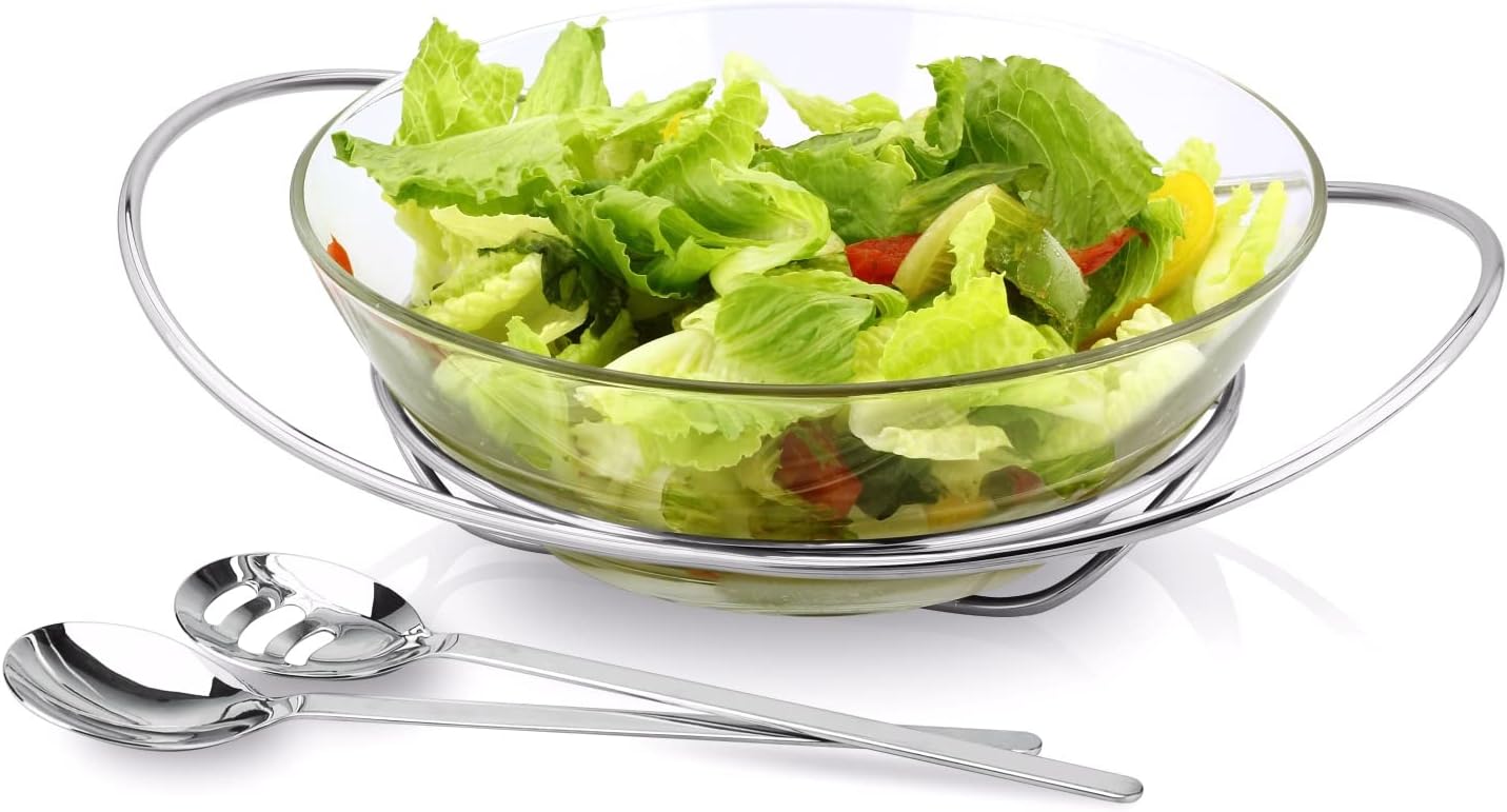 Regent 18/10 CONTEMPO Chromeplated 9.8”inch 25cm Salad Bowl with Stainless Steel Servers, Big Salad Bowls with Perfect for Fruits, Vegetable or Salads