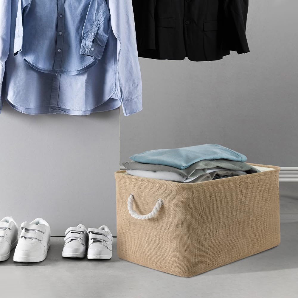 Organization and Storage Basket for Organizing - 17X15X12 inch 2 Pack Collapsible Baskets for Shelves, Fabric Storage Cubes with Rope, Storage Box for Cloth Decorative Gift (Beige)