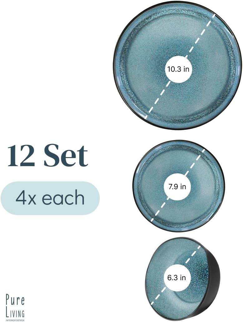 12 Piece Dinnerware Sets for 4 - Modern Style Stoneware Dinnerware Set - Scratch Resistant, Dishwasher Safe Plates and Bowls Sets Ceramic, Dish Set, Bowl and Plate Set - Black and Petrol Blue…