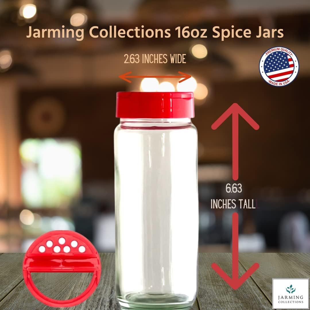 JARMING COLLECTIONS Premium Glass Spice Shakers - 16 oz Versatile Seasoning and Spice Dispenser with Sifting Lids for Popcorn, Cheese, Cinnamon, and Salt, Made in USA