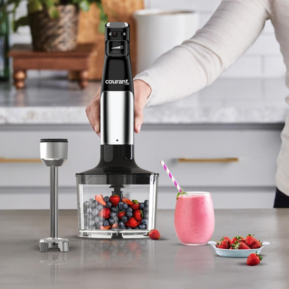 Courant Immersion Handheld Blender,4 in 1 400W Stick Blender, Variable Speed Stainless Steel Blades, Blending shaft Whisk,Chopper,Masher, Beaker Stainless Steel, LED Display