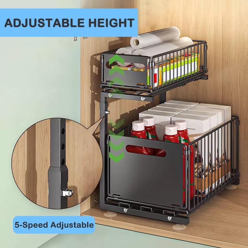 Under Sink Organizer with Adjustable Height, 2 Tier Pull Out Cabinet Design, Sliding Sink Shelf for Enhanced Storage Capacity, Counter Organizer Storage for Kitchen & Bathroom, Black, 1 Pack