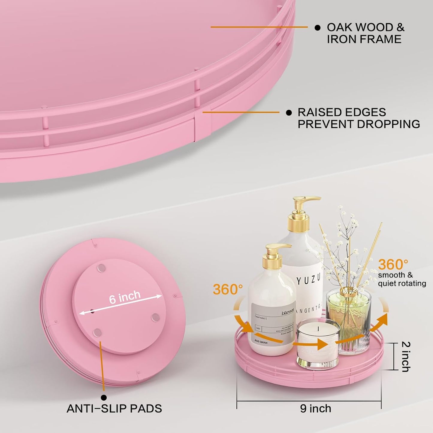 9" Oak Wood Decorative Tray for Home Decor, Tray for Coffee Table Decor Perfume Nightstand Vanity Bathroom Trays for Counter Candle Jewelry Makeup Farmhouse Table Centerpiece for Dining Room Pink