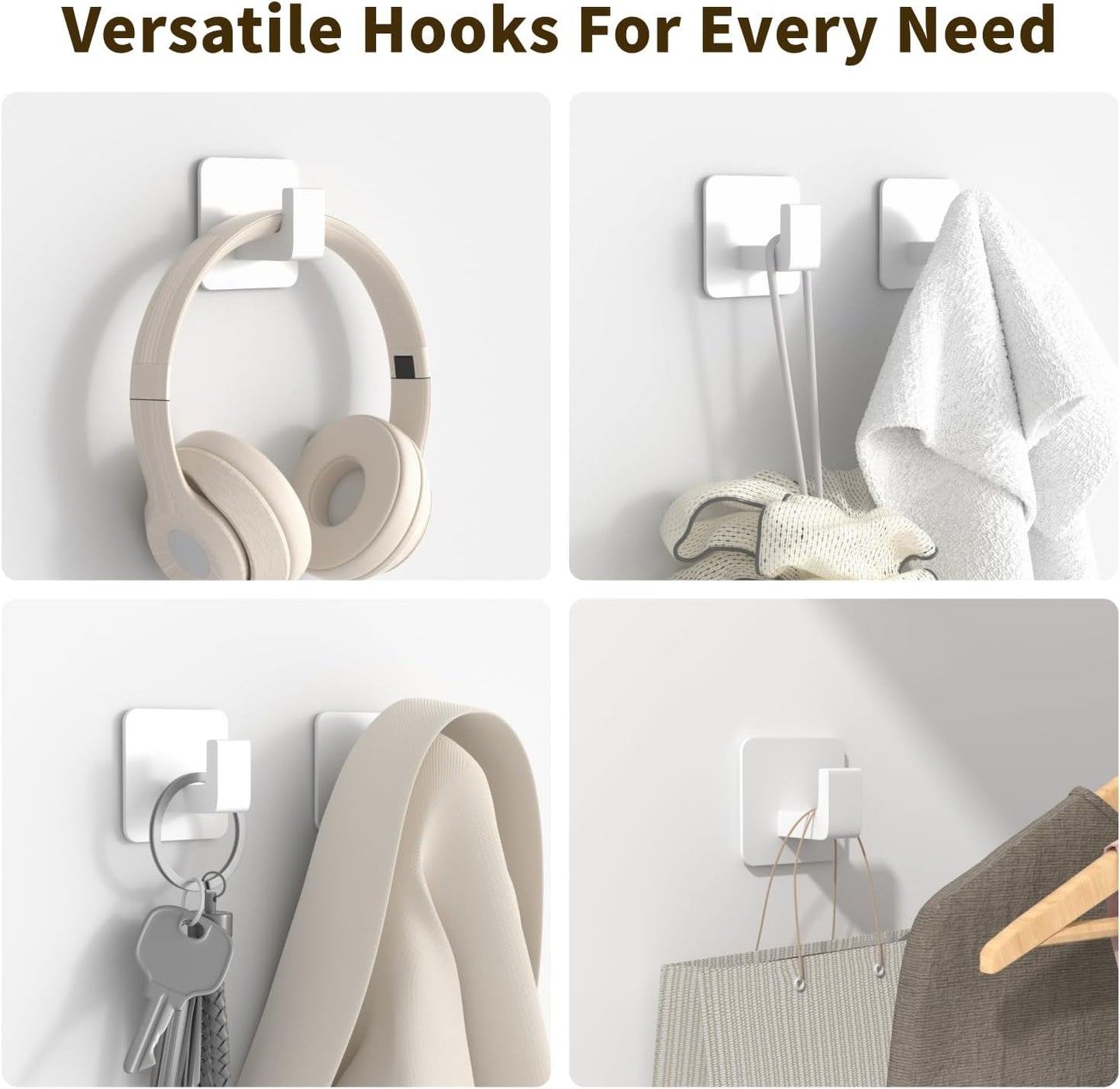 Square Self Adhesive Towel Hooks - 2 Pack Matte White Metal Hooks, Right-Angle Design for Towels, Robes & Hats, Organize Bathroom, Kitchen, Entryway, Doors, Cabinets on Smooth Surfaces