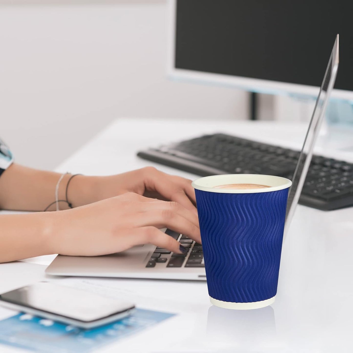 JollyPack 60 Pack 12 oz Paper Coffee Cups, Blue Disposable Beverage Cups with Insulated Ripple Wall for Coffee, Tea, and Hot Chocolate